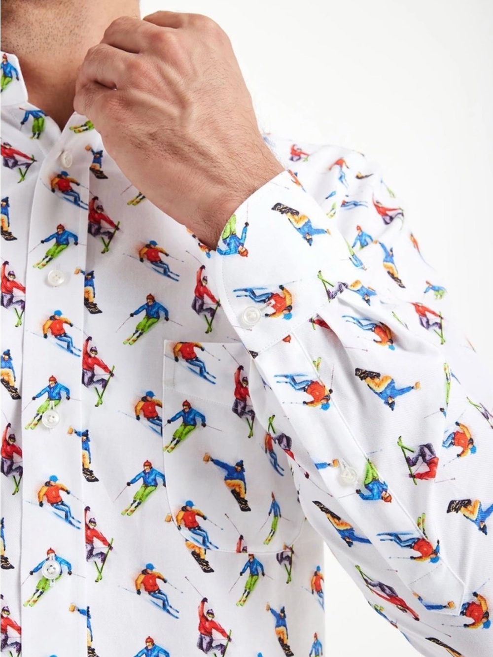 Men's White Ski Motif Button-Down Shirt
